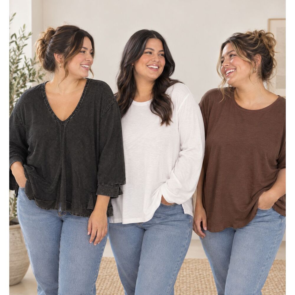Lot of 3 Women Fall Basics: Waffle Knit + Ribbed Fine Knit + White Layering Tee
